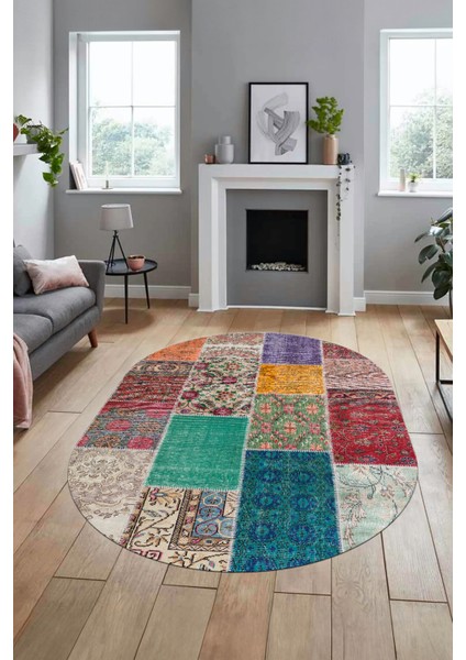 Baskılı Kaymaz Taban Yıkanabilir Patchwork Desen Oval Yolluk Salon Halısı, O-Patchwork-01-Renkli, modelleri