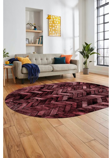 Baskılı Kaymaz Taban Yıkanabilir Patchwork Desen Oval Yolluk Salon Halısı, O-Patchwork-13-Kırmızı,