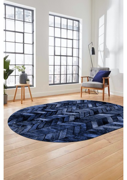 Baskılı Kaymaz Taban Yıkanabilir Patchwork Desen Oval Yolluk Salon Halısı, O-Patchwork-13-Mavi,
