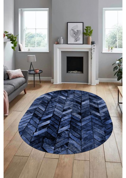 Baskılı Kaymaz Taban Yıkanabilir Patchwork Desen Oval Yolluk Salon Halısı, O-Patchwork-13-Mavi,