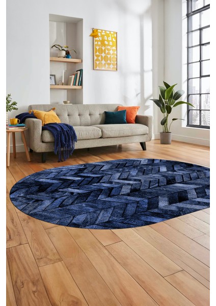 Baskılı Kaymaz Taban Yıkanabilir Patchwork Desen Oval Yolluk Salon Halısı, O-Patchwork-13-Mavi,