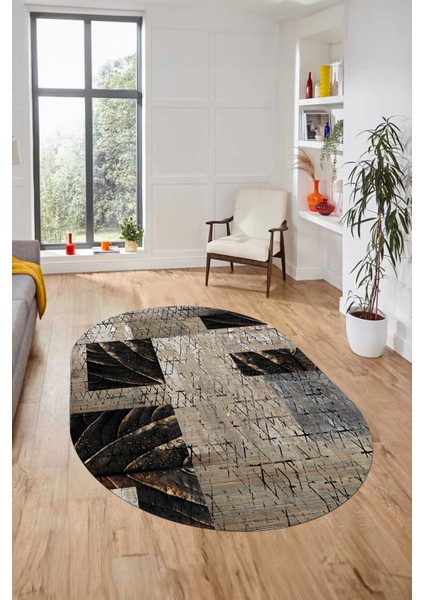 Baskılı Kaymaz Taban Yıkanabilir Patchwork Desen Oval Yolluk Salon Halısı, O-Patchwork-05-Vizon,