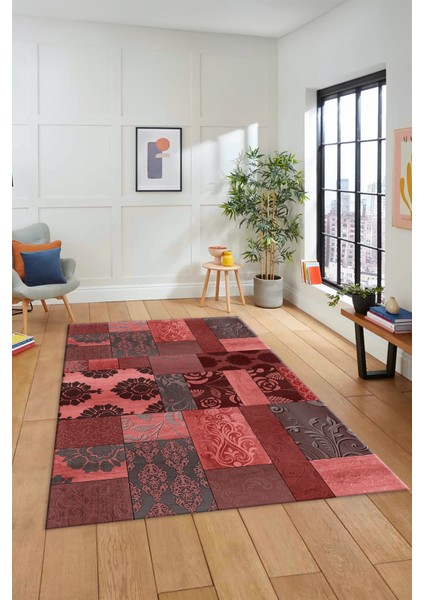 Dijital Kaymaz Taban Yıkanabilir Patchwork Desen Yolluk Mutfak Salon Halısı, Patchwork-16-Kırmızı,