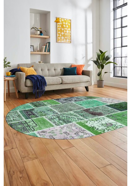Baskılı Kaymaz Taban Yıkanabilir Patchwork Desen Oval Yolluk Salon Halısı, O-Patchwork-04-Yeşil,