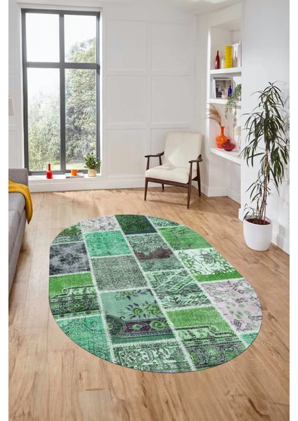 Baskılı Kaymaz Taban Yıkanabilir Patchwork Desen Oval Yolluk Salon Halısı, O-Patchwork-04-Yeşil, fiyatları