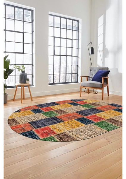 Baskılı Kaymaz Taban Yıkanabilir Patchwork Desen Oval Yolluk Salon Halısı, O-Patchwork-07-Renkli, modelleri
