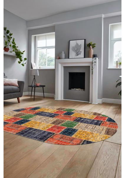 Baskılı Kaymaz Taban Yıkanabilir Patchwork Desen Oval Yolluk Salon Halısı, O-Patchwork-07-Renkli, indirimleri