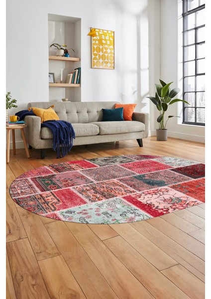 Baskılı Kaymaz Taban Yıkanabilir Patchwork Desen Oval Yolluk Salon Halısı, O-Patchwork-04-Kırmızı,