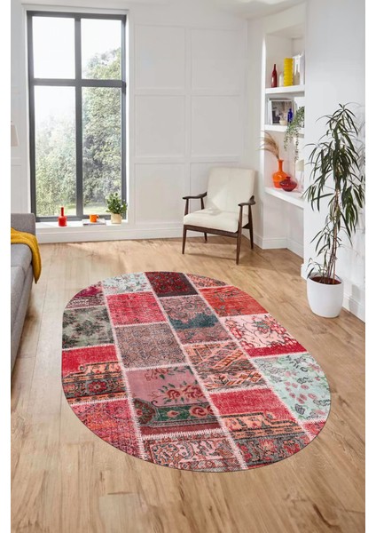 Baskılı Kaymaz Taban Yıkanabilir Patchwork Desen Oval Yolluk Salon Halısı, O-Patchwork-04-Kırmızı,