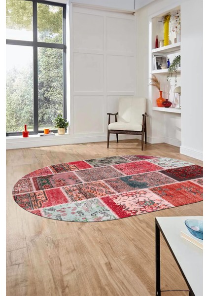 Baskılı Kaymaz Taban Yıkanabilir Patchwork Desen Oval Yolluk Salon Halısı, O-Patchwork-04-Kırmızı,