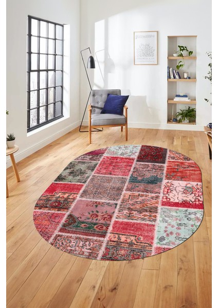 Baskılı Kaymaz Taban Yıkanabilir Patchwork Desen Oval Yolluk Salon Halısı, O-Patchwork-04-Kırmızı,