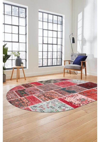 Baskılı Kaymaz Taban Yıkanabilir Patchwork Desen Oval Yolluk Salon Halısı, O-Patchwork-04-Kırmızı,