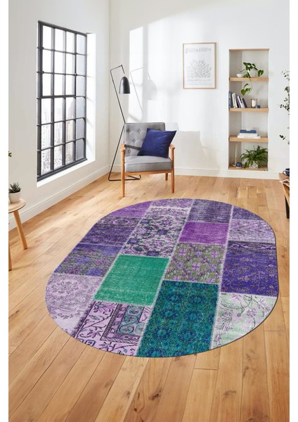 Baskılı Kaymaz Taban Yıkanabilir Patchwork Desen Oval Yolluk Salon Halısı, O-Patchwork-01-Mor,