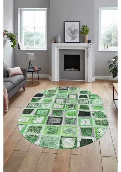 Baskılı Kaymaz Taban Yıkanabilir Patchwork Desen Oval Yolluk Salon Halısı, O-Patchwork-14-Yeşil,