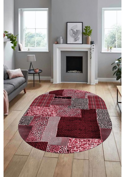 Baskılı Kaymaz Taban Yıkanabilir Patchwork Desen Oval Yolluk Salon Halısı, O-Patchwork-15-Kırmızı,