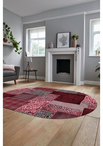 Baskılı Kaymaz Taban Yıkanabilir Patchwork Desen Oval Yolluk Salon Halısı, O-Patchwork-15-Kırmızı,