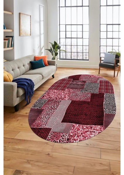 Baskılı Kaymaz Taban Yıkanabilir Patchwork Desen Oval Yolluk Salon Halısı, O-Patchwork-15-Kırmızı,