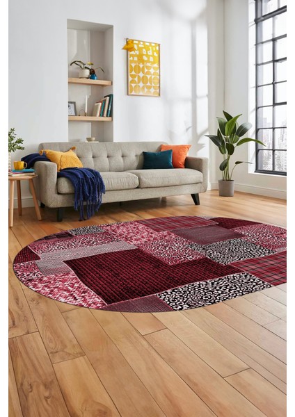 Baskılı Kaymaz Taban Yıkanabilir Patchwork Desen Oval Yolluk Salon Halısı, O-Patchwork-15-Kırmızı,