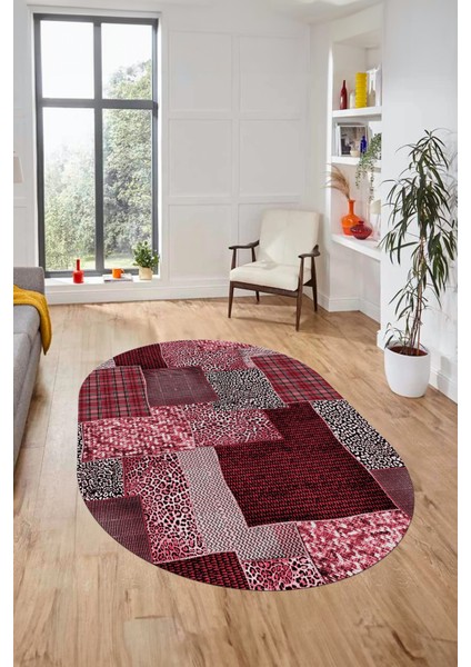 Baskılı Kaymaz Taban Yıkanabilir Patchwork Desen Oval Yolluk Salon Halısı, O-Patchwork-15-Kırmızı,