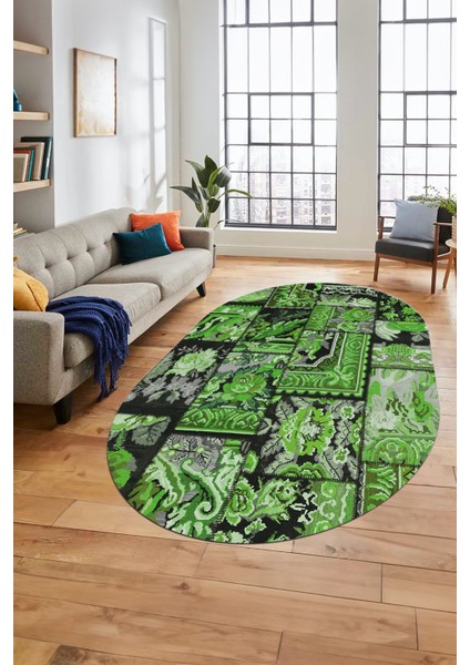 Baskılı Kaymaz Taban Yıkanabilir Patchwork Desen Oval Yolluk Salon Halısı, O-Patchwork-12-Yeşil, fırsatları