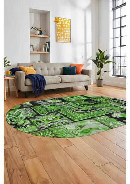 Baskılı Kaymaz Taban Yıkanabilir Patchwork Desen Oval Yolluk Salon Halısı, O-Patchwork-12-Yeşil, indirimleri
