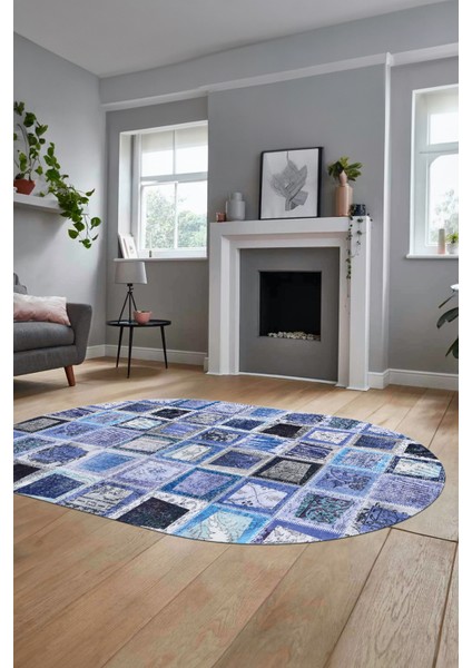 Baskılı Kaymaz Taban Yıkanabilir Patchwork Desen Oval Yolluk Salon Halısı, O-Patchwork-14-Mavi,