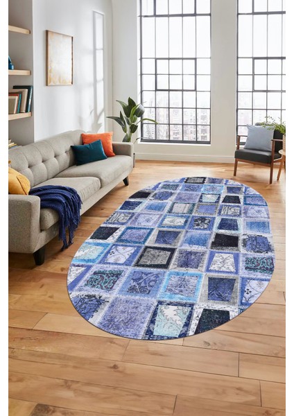 Baskılı Kaymaz Taban Yıkanabilir Patchwork Desen Oval Yolluk Salon Halısı, O-Patchwork-14-Mavi,