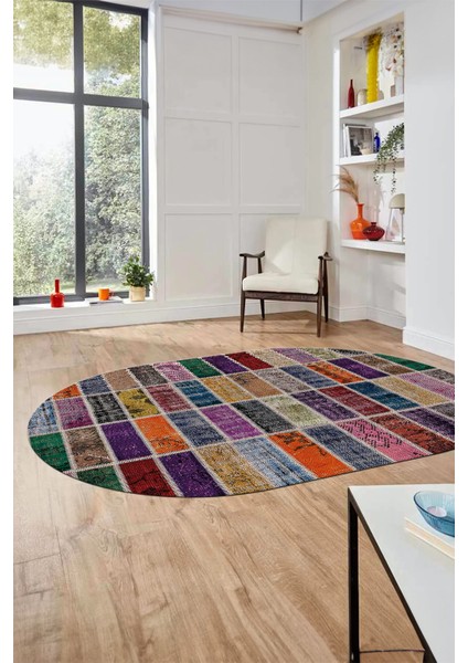 Baskılı Kaymaz Taban Yıkanabilir Patchwork Desen Oval Yolluk Salon Halısı, O-Patchwork-09-Renkli,