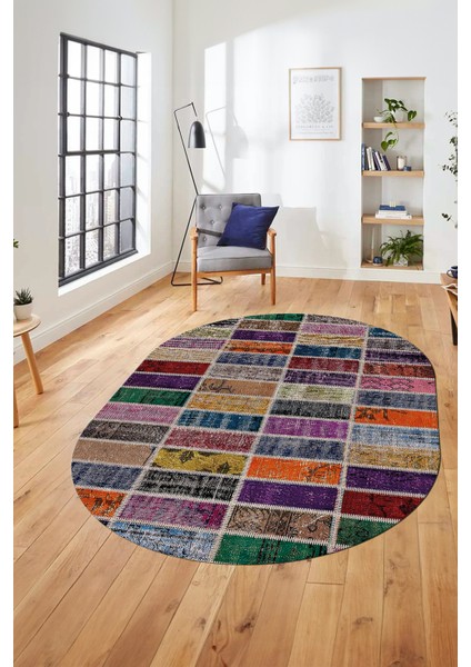 Baskılı Kaymaz Taban Yıkanabilir Patchwork Desen Oval Yolluk Salon Halısı, O-Patchwork-09-Renkli, fiyatları