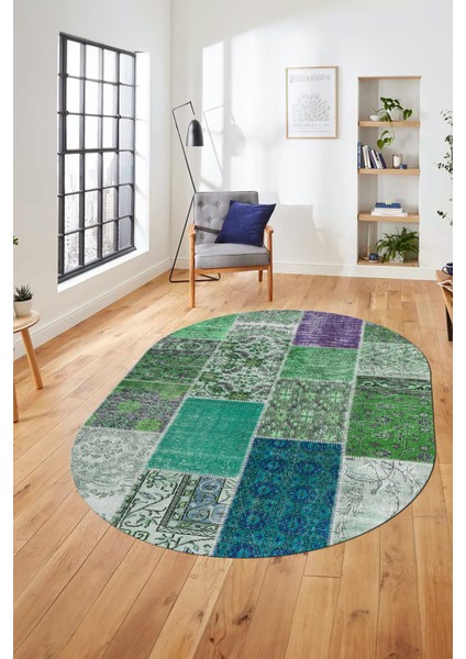 Baskılı Kaymaz Taban Yıkanabilir Patchwork Desen Oval Yolluk Salon Halısı, O-Patchwork-01-Yeşil,