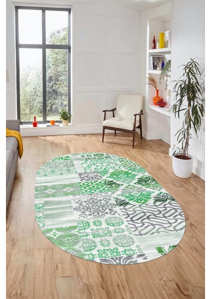 Evdeya Baskılı Kaymaz Taban Yıkanabilir Patchwork Desen Oval Yolluk Salon Halısı, O-Patchwork-02-Yeşil,