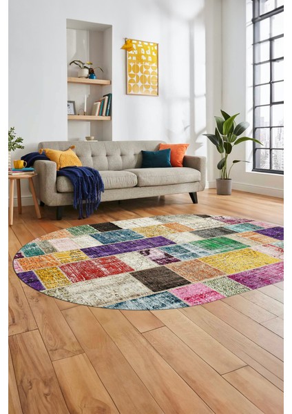 Baskılı Kaymaz Taban Yıkanabilir Patchwork Desen Oval Yolluk Salon Halısı, O-Patchwork-03-Renkli,