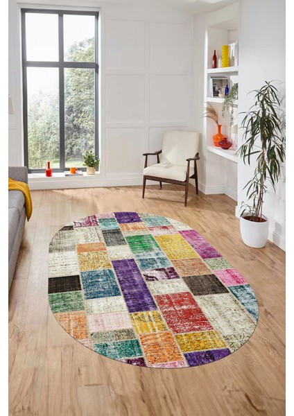 Baskılı Kaymaz Taban Yıkanabilir Patchwork Desen Oval Yolluk Salon Halısı, O-Patchwork-03-Renkli, fiyatları