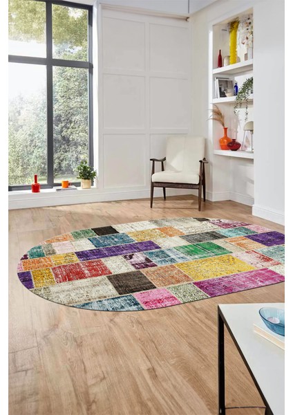 Baskılı Kaymaz Taban Yıkanabilir Patchwork Desen Oval Yolluk Salon Halısı, O-Patchwork-03-Renkli, modelleri