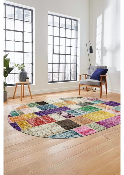 Baskılı Kaymaz Taban Yıkanabilir Patchwork Desen Oval Yolluk Salon Halısı, O-Patchwork-03-Renkli, indirimleri