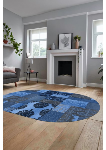 Baskılı Kaymaz Taban Yıkanabilir Patchwork Desen Oval Yolluk Salon Halısı, O-Patchwork-16-Mavi, fiyatları
