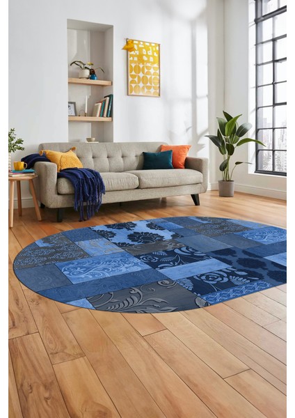 Baskılı Kaymaz Taban Yıkanabilir Patchwork Desen Oval Yolluk Salon Halısı, O-Patchwork-16-Mavi, fırsatları