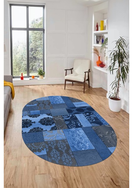Baskılı Kaymaz Taban Yıkanabilir Patchwork Desen Oval Yolluk Salon Halısı, O-Patchwork-16-Mavi, indirimleri