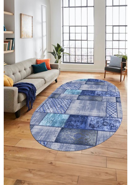 Baskılı Kaymaz Taban Yıkanabilir Patchwork Desen Oval Yolluk Salon Halısı, O-Patchwork-18-Mavi,