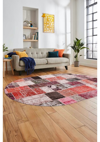 Baskılı Kaymaz Taban Yıkanabilir Patchwork Desen Oval Yolluk Salon Halısı, O-Patchwork-03-Kırmızı,
