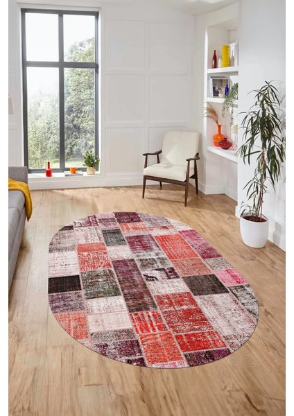Baskılı Kaymaz Taban Yıkanabilir Patchwork Desen Oval Yolluk Salon Halısı, O-Patchwork-03-Kırmızı, fiyatları