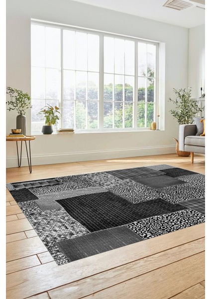 Dijital Kaymaz Taban Yıkanabilir Patchwork Desen Yolluk Mutfak Salon Halısı, Patchwork-15-Gri,