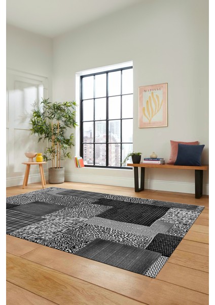 Dijital Kaymaz Taban Yıkanabilir Patchwork Desen Yolluk Mutfak Salon Halısı, Patchwork-15-Gri,