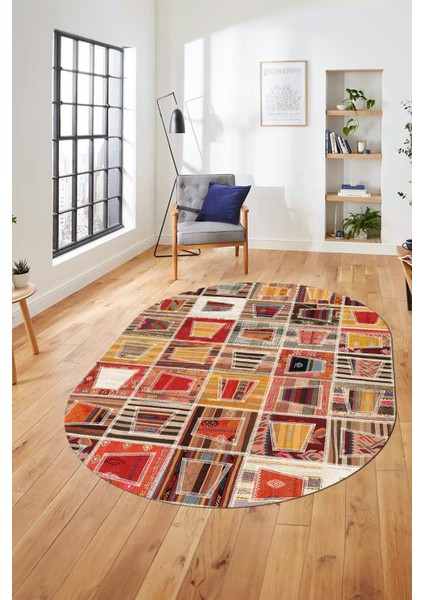 Baskılı Kaymaz Taban Yıkanabilir Patchwork Desen Oval Yolluk Salon Halısı, O-Patchwork-11-Renkli,