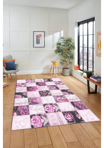 Dijital Kaymaz Taban Yıkanabilir Patchwork Desen Yolluk Mutfak Salon Halısı, Patchwork-19-Pembe,