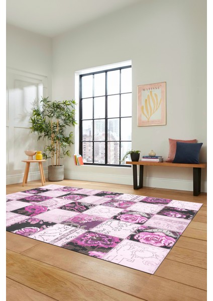 Dijital Kaymaz Taban Yıkanabilir Patchwork Desen Yolluk Mutfak Salon Halısı, Patchwork-19-Pembe,