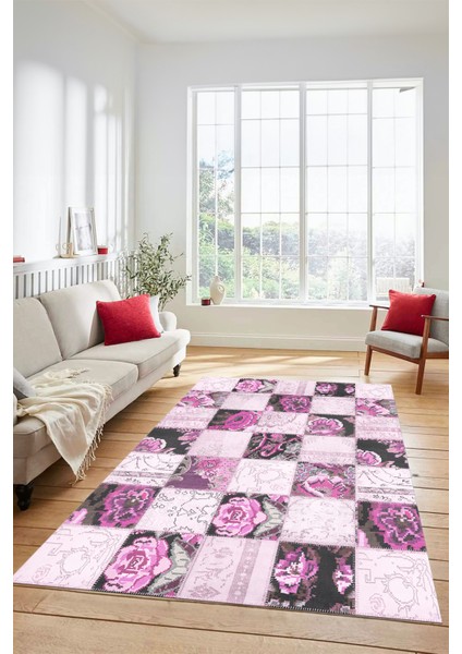 Dijital Kaymaz Taban Yıkanabilir Patchwork Desen Yolluk Mutfak Salon Halısı, Patchwork-19-Pembe,