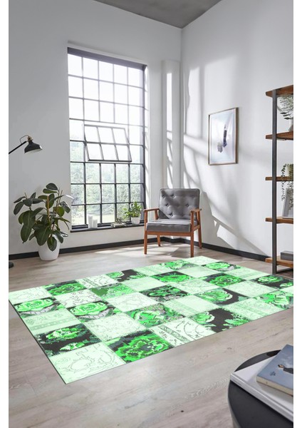 Dijital Kaymaz Taban Yıkanabilir Patchwork Desen Yolluk Mutfak Salon Halısı, Patchwork-19-Yeşil,