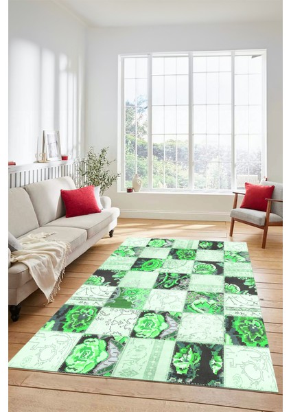 Dijital Kaymaz Taban Yıkanabilir Patchwork Desen Yolluk Mutfak Salon Halısı, Patchwork-19-Yeşil, fırsatları