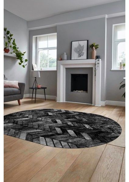 Baskılı Kaymaz Taban Yıkanabilir Patchwork Desen Oval Yolluk Salon Halısı, O-Patchwork-13-Antrasit,